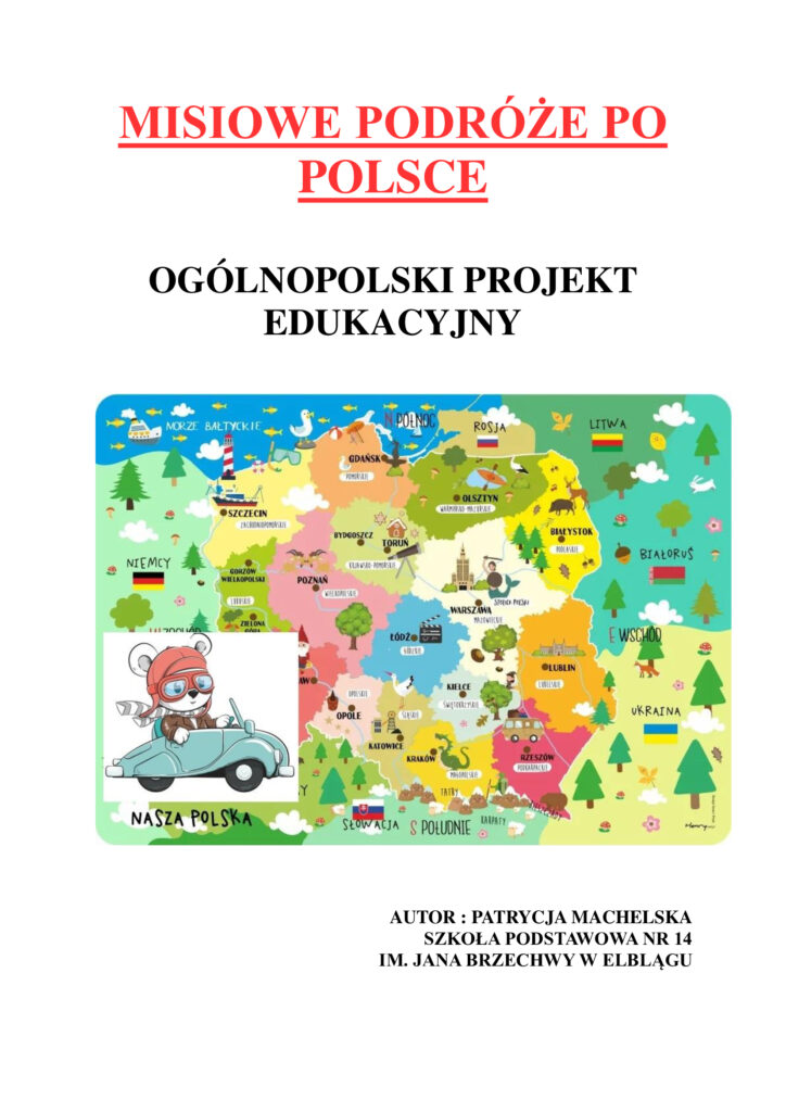 Kolorowa mapa Polski z rysunkami charakteryzującymi regiony kraju: np. kopalnie na Śląsku, Syrenka w Warszawie czy smok wawelski w Krakowie 